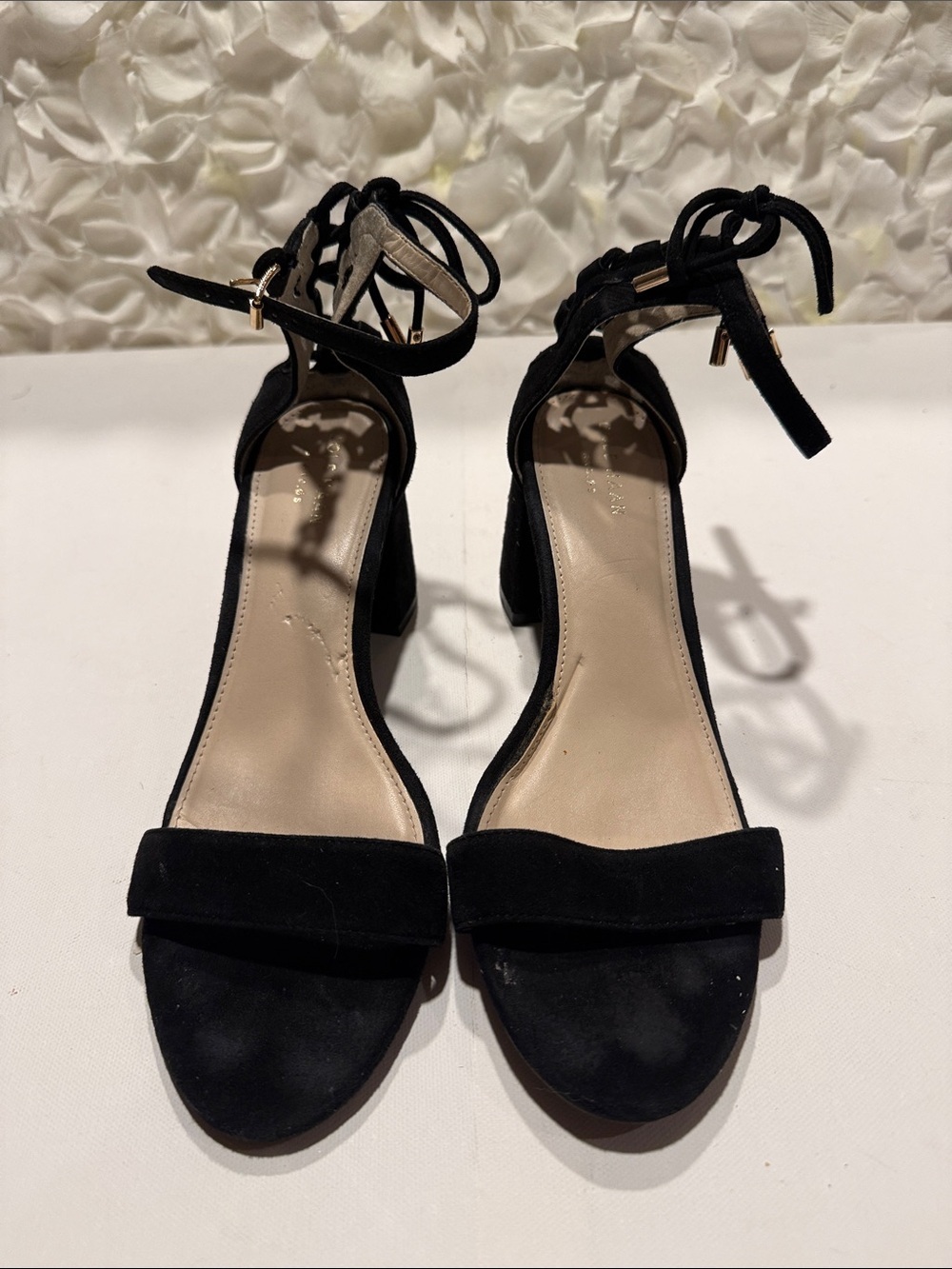 Cole Haan Black Suede Block Heel Ankle-Tie Sandals